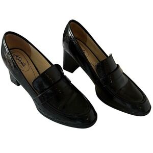 LifeStride Farrah Black Crinkle Patent Heeled Loafers Womens 10M Block Heel Pump